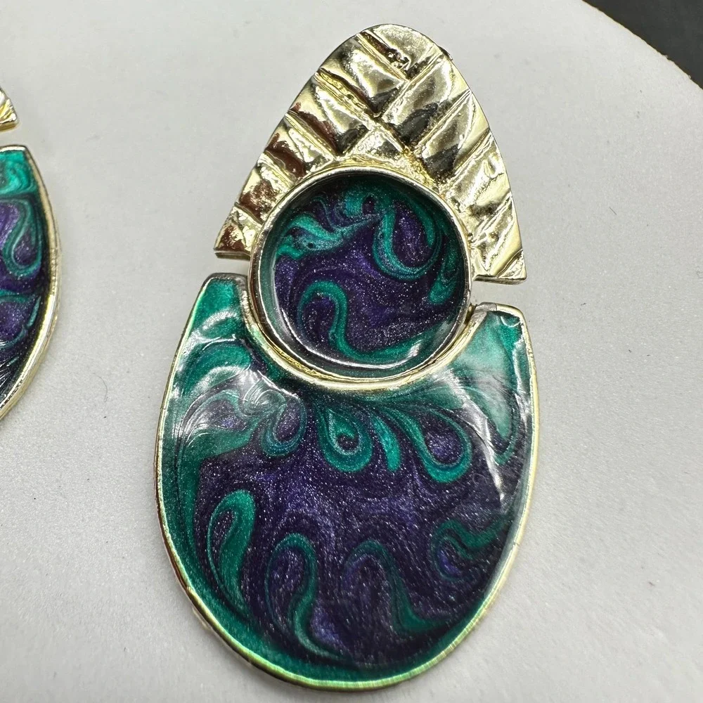 Vintage Abstract Enamel Drop Earrings Green Purple Gold Tone Modern Art Style